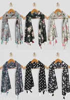 Printed Chiffon Scarves with Tassels for Women, Multicolor, Pack of 6