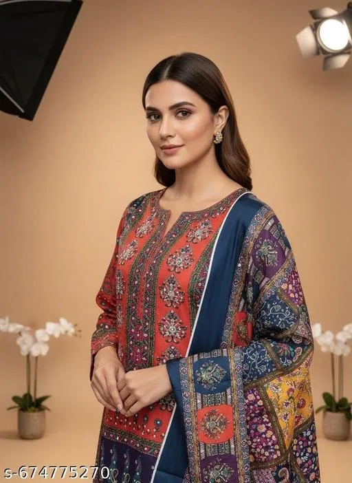 Embroidered Synthetic Crepe Punjabi/All Over Suits Semi-Stitched Suits (Orange, 5.85 meter (S)) (Multicolor, 6.85 meter for Women (3XL)