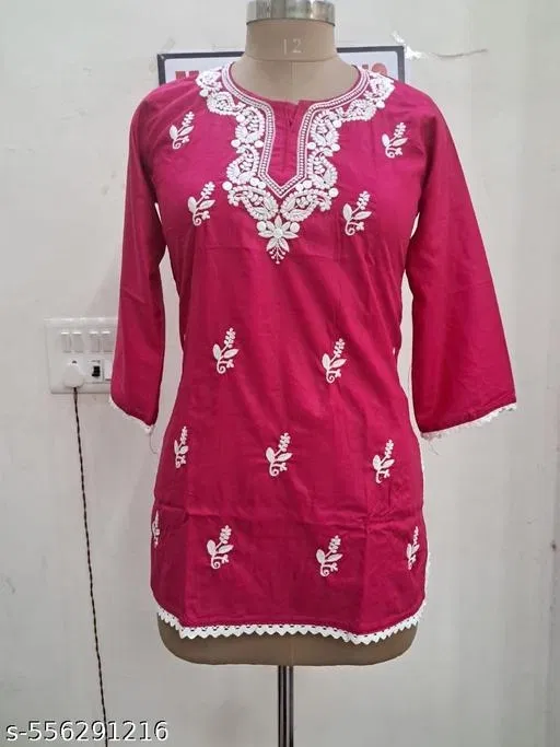 Floral Embroidered Rayon Kurti for Women (Pink, S)