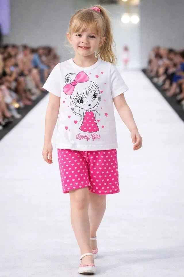 Cotton Blend Printed Clothings Set for Girls (Pink & White, 2-3 Years)