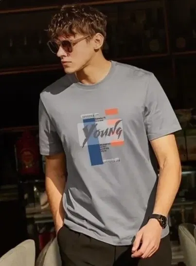 Round Neck Printed T-Shirt for Men (Grey, XL)