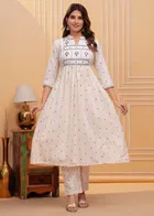 Rayon Embroidered Women's Kurta with Pant Set (White, M)