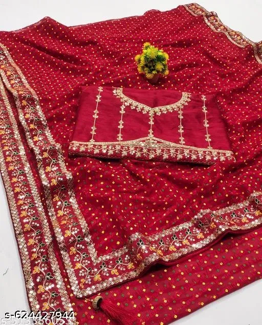 Georgette Embellished Saree For Women, Red