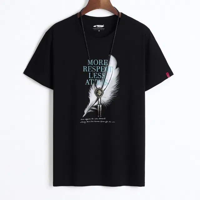 Round Neck Feather Printed T-Shirt for Men (Black, L)