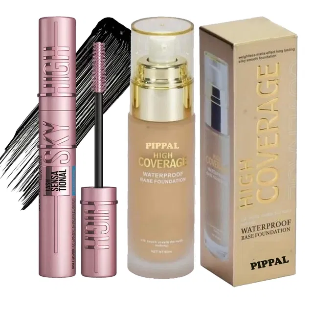 Pippal High Coverrage Waterproof Base Foundation (60 ml) with Sky High Waterproof Mascara (12 ml) & Eyeliner (6 ml) (Set of 3)