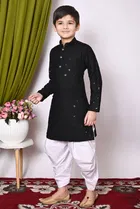 Rayon Cotton Embellished Kurta with Dhoti for Boys, Black & White 