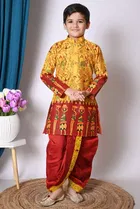 Dupion Silk Printed Kurta with Dhoti for Boys, Yellow & Red 