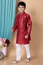 Dupion Silk Embellished Kurta with Payjama for Boys, Maroon & White 
