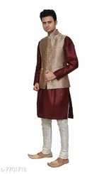 Dupion Silk Solid Kurta with Pyjama & Jacket for Men 