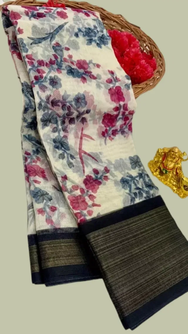 Cotton Printed Saree for Women (Navy Blue, 6 m)