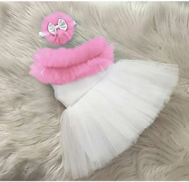 Net Solid Frock for Girls (Pink & White, 1-2 Years)