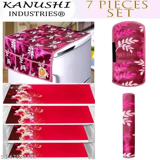 KANUSHI Industries® 1Pc Fridge Cover for Top with 6 Utility Pockets + 2 Handles Covers + 4 Fridge Mats (FRI-WINE-SMALL-LEAVE+2-HANDLE+M-23-04)