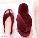 Furry Thong Slippers for Women, Maroon 