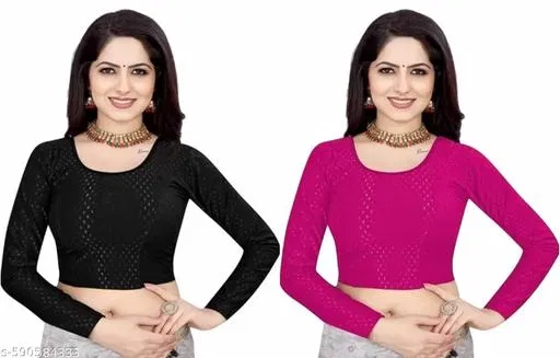 Lycra Ready Made Blouse for Women, Pink & Black, Pack of 2 (36)
