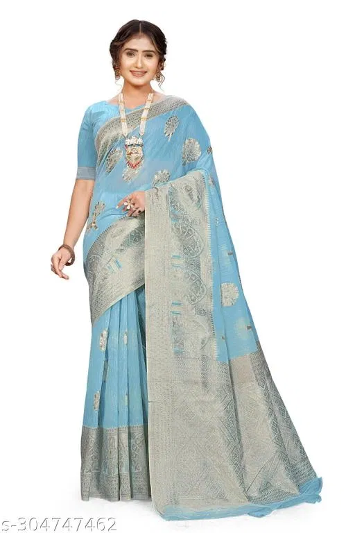 Linen Zari Woven Saree for Women (Sky Blue, 6.3 m)