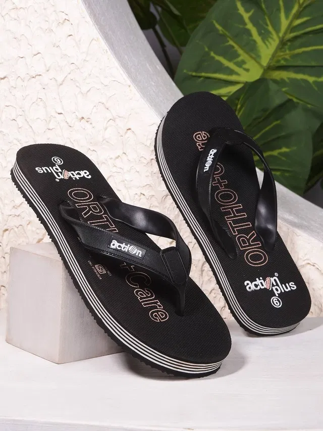 action Casual Flip Flops for Women (Black, 8)