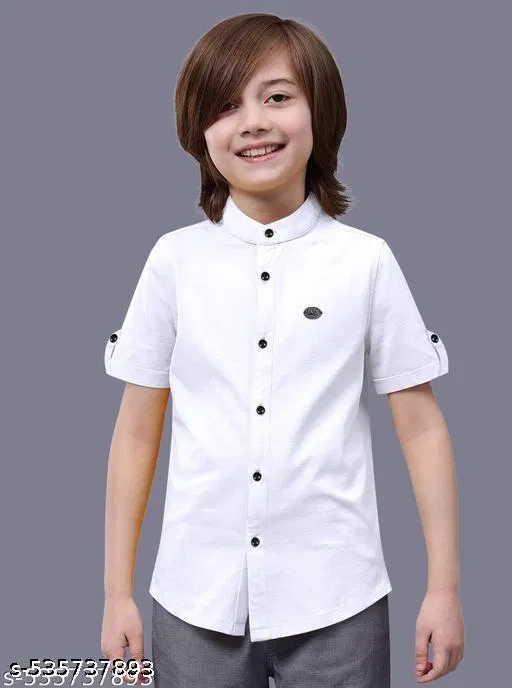 Solid Cotton Blend Mandarin Collar Short Sleeve Shirt for Boys (White, 2-3 Years)