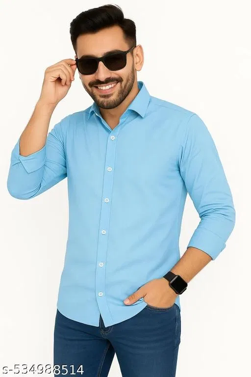 Cotton Blend Solid Shirts for Men, Sky Blue (XL)