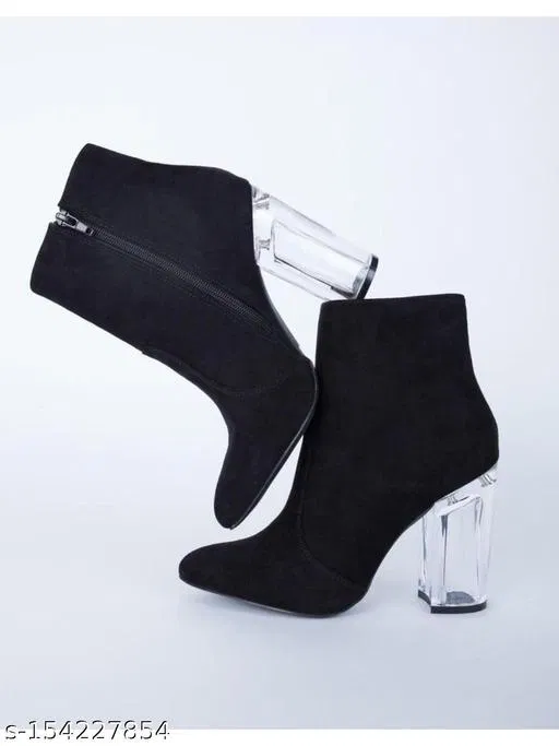 Shoetopia Solid Suede Block Heeled Boots Black (5)