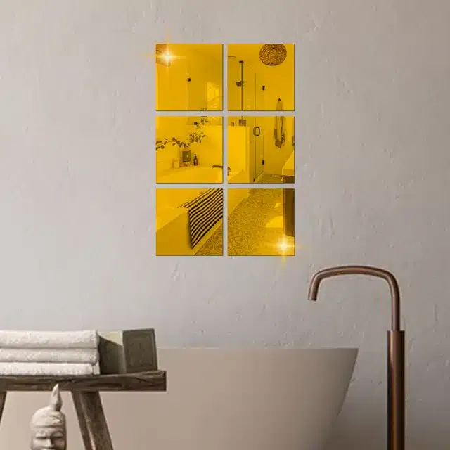 Acrylic Square Shaped Wall Mirror Stickers (Gold, Pack of 6)