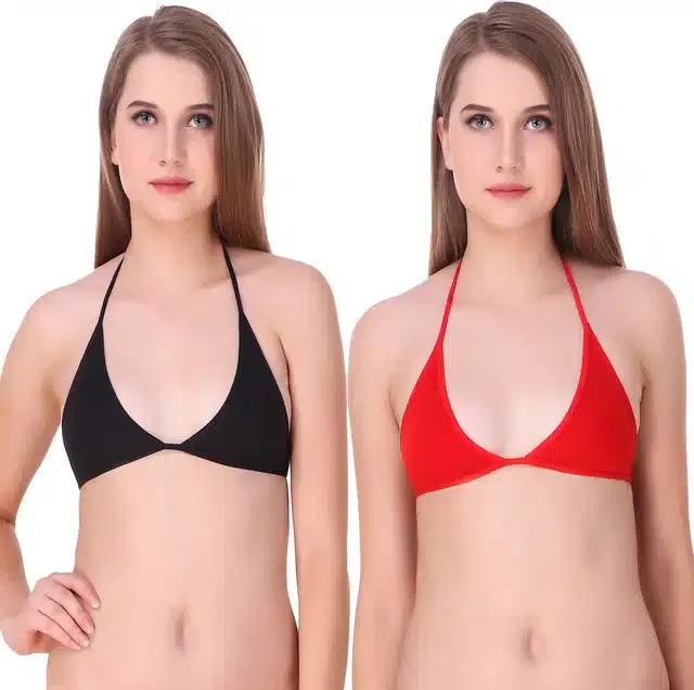 Cotton Blend Non Padded Bra for Women (Red & Black, 30) (Pack of 2)