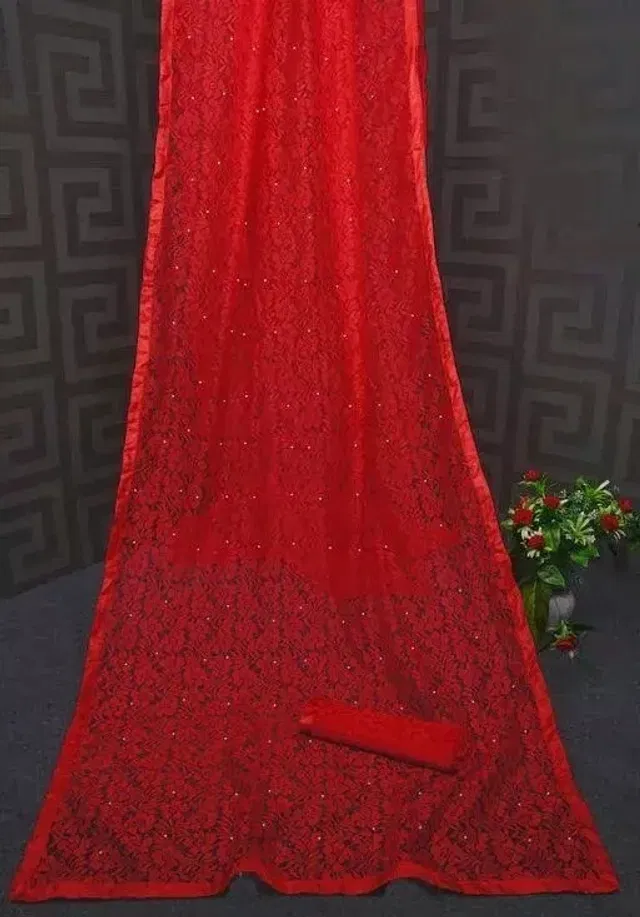 Net Solid Saree for Women (Red, 6.3 m)