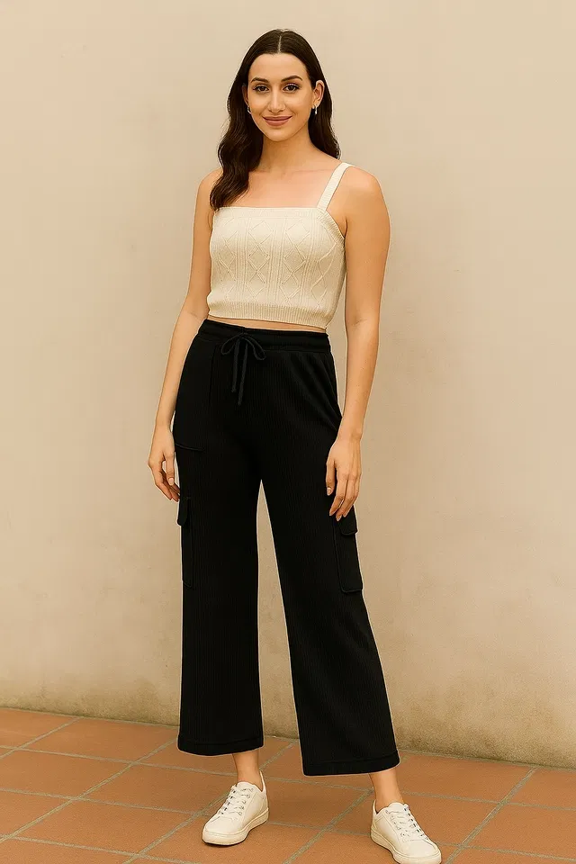 Poly Rib Straight Trouser / Pant for Women (Black, L)