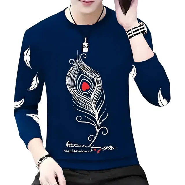 Round Neck Printed T-Shirt for Men (Navy Blue, L)