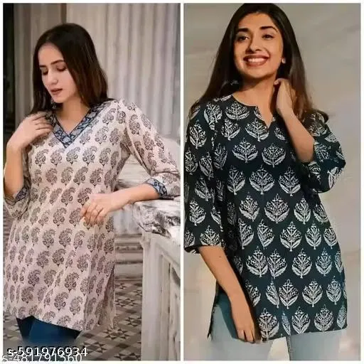 Short Kurti Printed Tops & Tunics for Women, Pack of 2 (White, M)