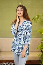 Cotton Printed Short Kurti for Women, Blue 
