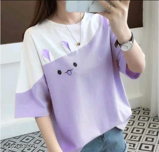 Polycotton Printed T-Shirt for Women, Lavender (L)