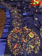 Linen Printed Saree for Women, Navy Blue 
