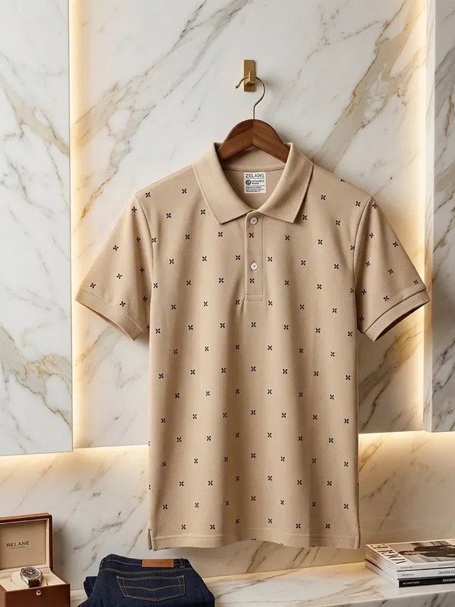 Printed Polo T-shirt for Men (Beige, XL)