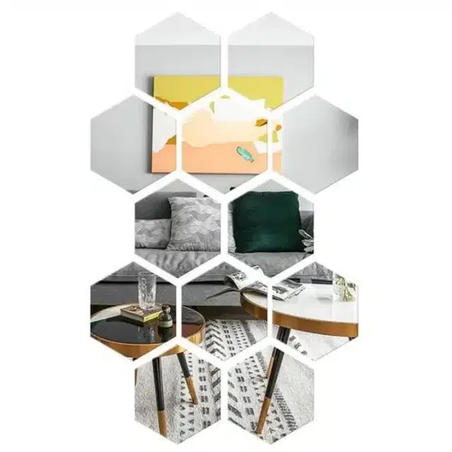 Acrylic Hexagon Shaped Wall Mirror Stickers (Silver, Pack of 12)