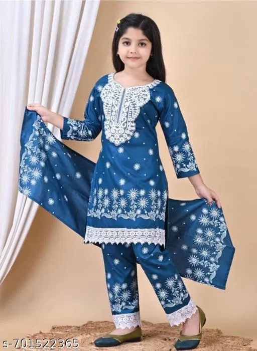 Cotton Rayon Kurta Set for Girls (Blue, 10-11 Years)