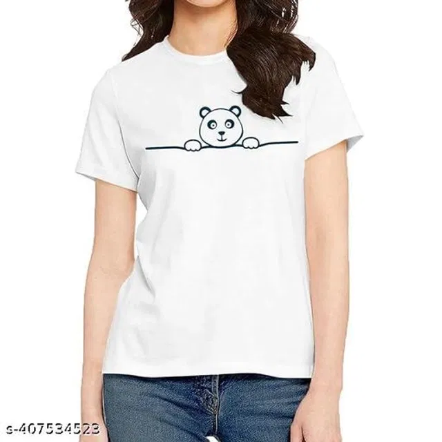 Cotton Round Neck Printed T-Shirt for Women (White, XL)