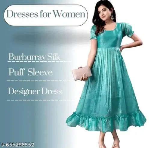 Solid Satin Silk Short Sleeve Maxi Gown for Women (Blue, L)
