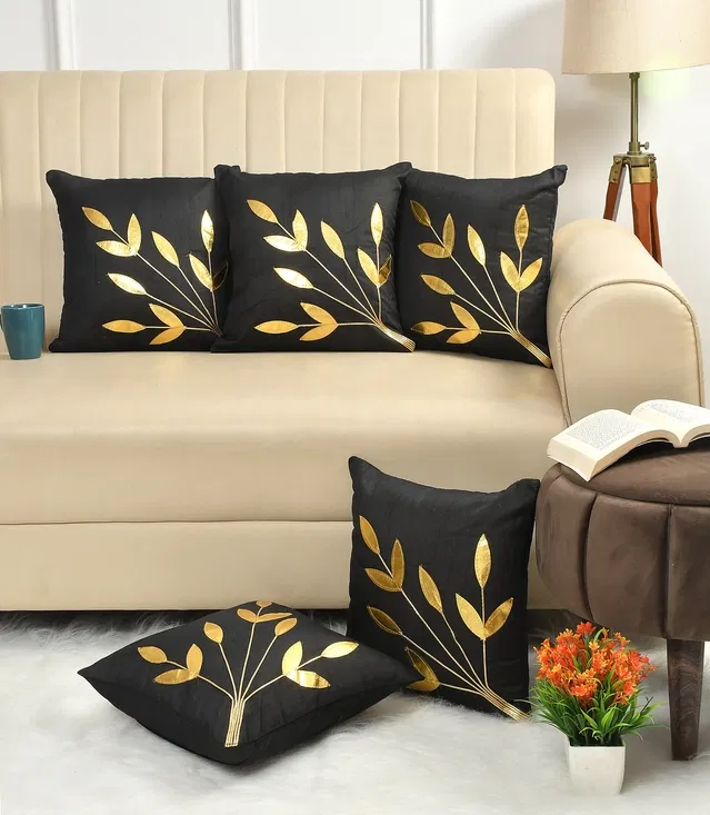 Jute Printed Cushion Covers (Black & Gold, 16x16 inches) (Pack of 5)