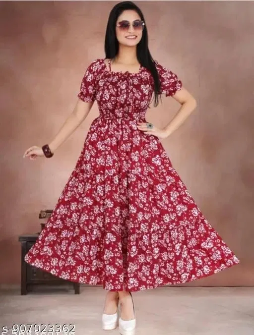 Pleated Sleeveless Printed One Piece Dress (Red, M)