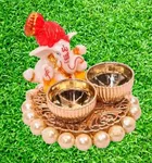 Metal Decorative Ganpati Haldi Kumkum Stand with 2 Roli Chawal Holder, Multicolor