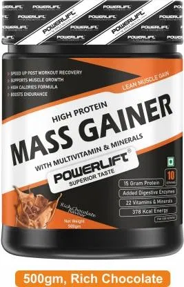 POWERLIFT Mass Gainer, High Protein with 26 vitamin & minerals | With Digezyme Blend Weight Gainers/Mass Gainers (500 g, Rich Chocolate)