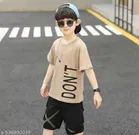 Hosiery Cotton Printed Clothing Set for Kids, Beige & Black 
