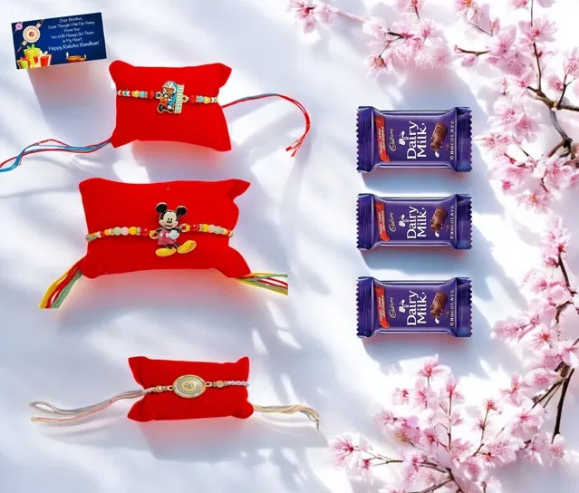 Combo of 3 Pcs Rakhi, 4.5 inch Plate, Greeting Card, Roli Chawal & 3 Pcs Chocolate (Multicolor, Set of 1)