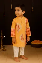 Cotton Printed Kurta with Payjama for Boys, Yellow & White 