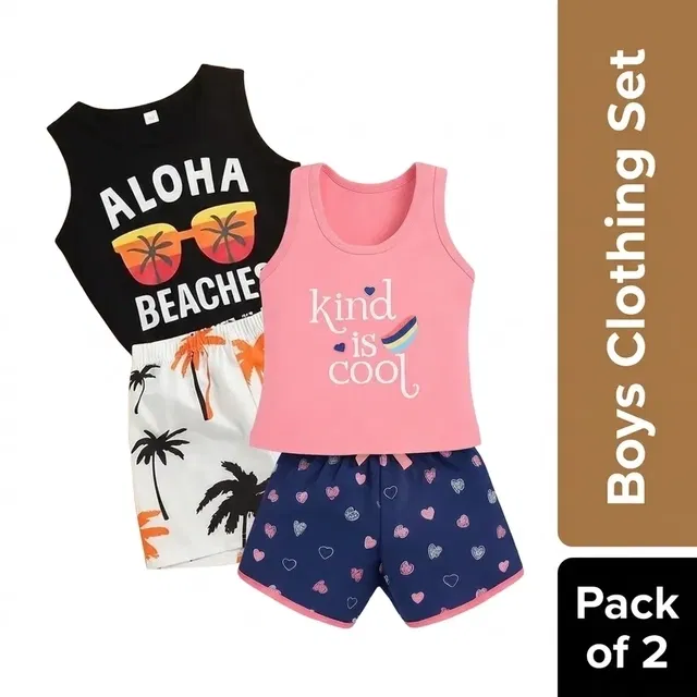 Cotton Blend Printed Clothing Set for Boys, Combo Pack of 2, Black & Peach & Blue, 12-18 Months