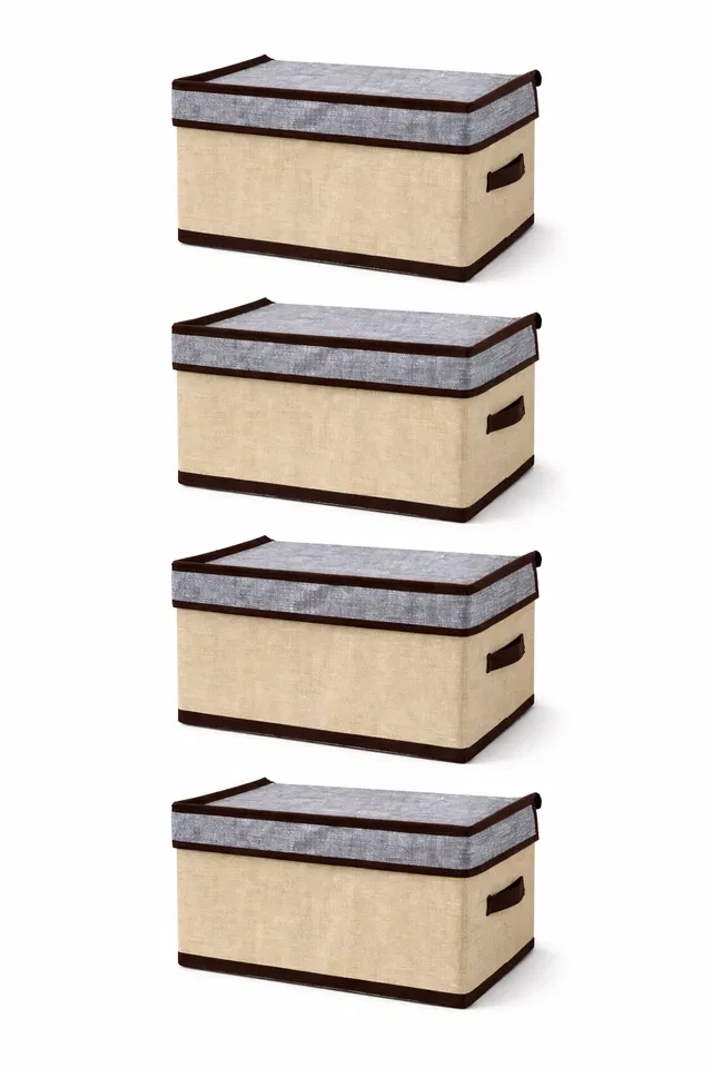 Craft Bazar Foldable Fabric Storage Box with Lid and Side Handles for Clothes, Books, Towels, Wardrobe, Shelf and Home Organization Pack of 4