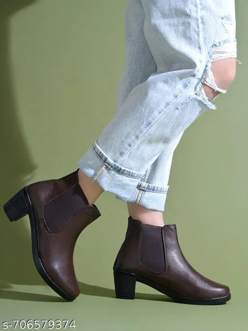 Shoetopia Synthetic Block Heeled Boots Brown IND-6