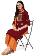 Women Cotton Rayon Embroidered Kurta And Sharara Set 
