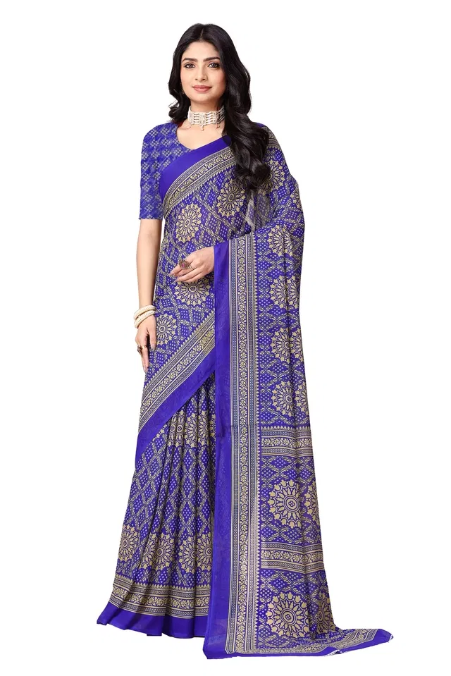 Georgette Printed Saree for Women (Blue, 6.3 m)