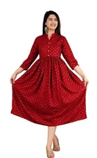 Rayon Printed Anarkali Kurti for Women (Red, S)